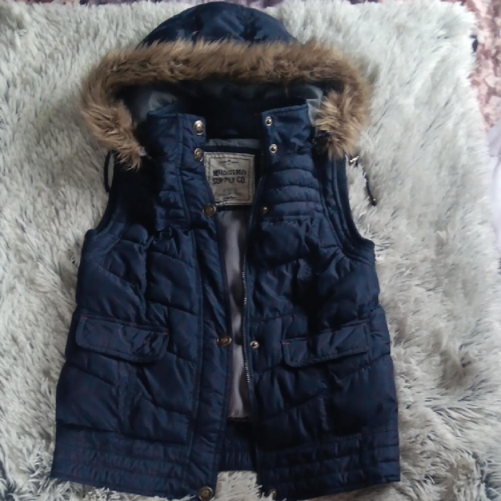 Mossimo Supply Co. Blue Puffer Vest with Faux Fur Hood